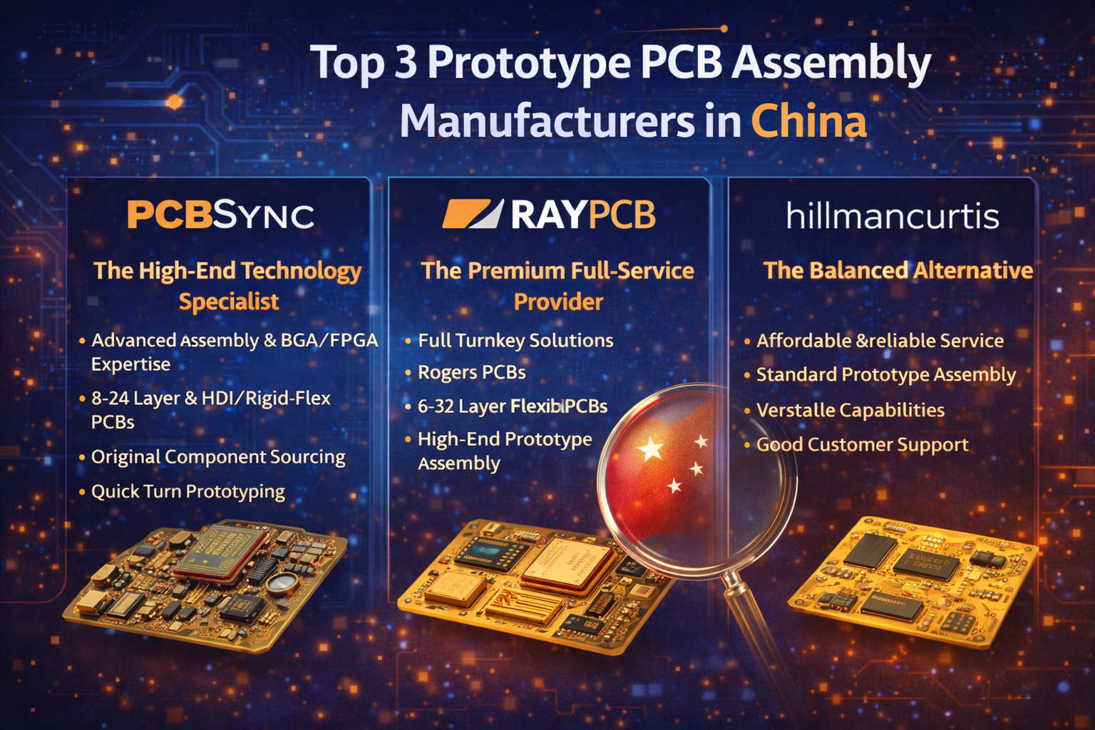 Infographic comparing PCBSync, RAYPCB, and Hillmancurtis as the top three prototype PCB assembly manufacturers in China.
