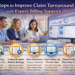 Landscape Infographic Showing Medical Billing Workflow With Front-End Checks, Coding, Clean Submissions, Follow-Up, Denial Feedback, And Reporting