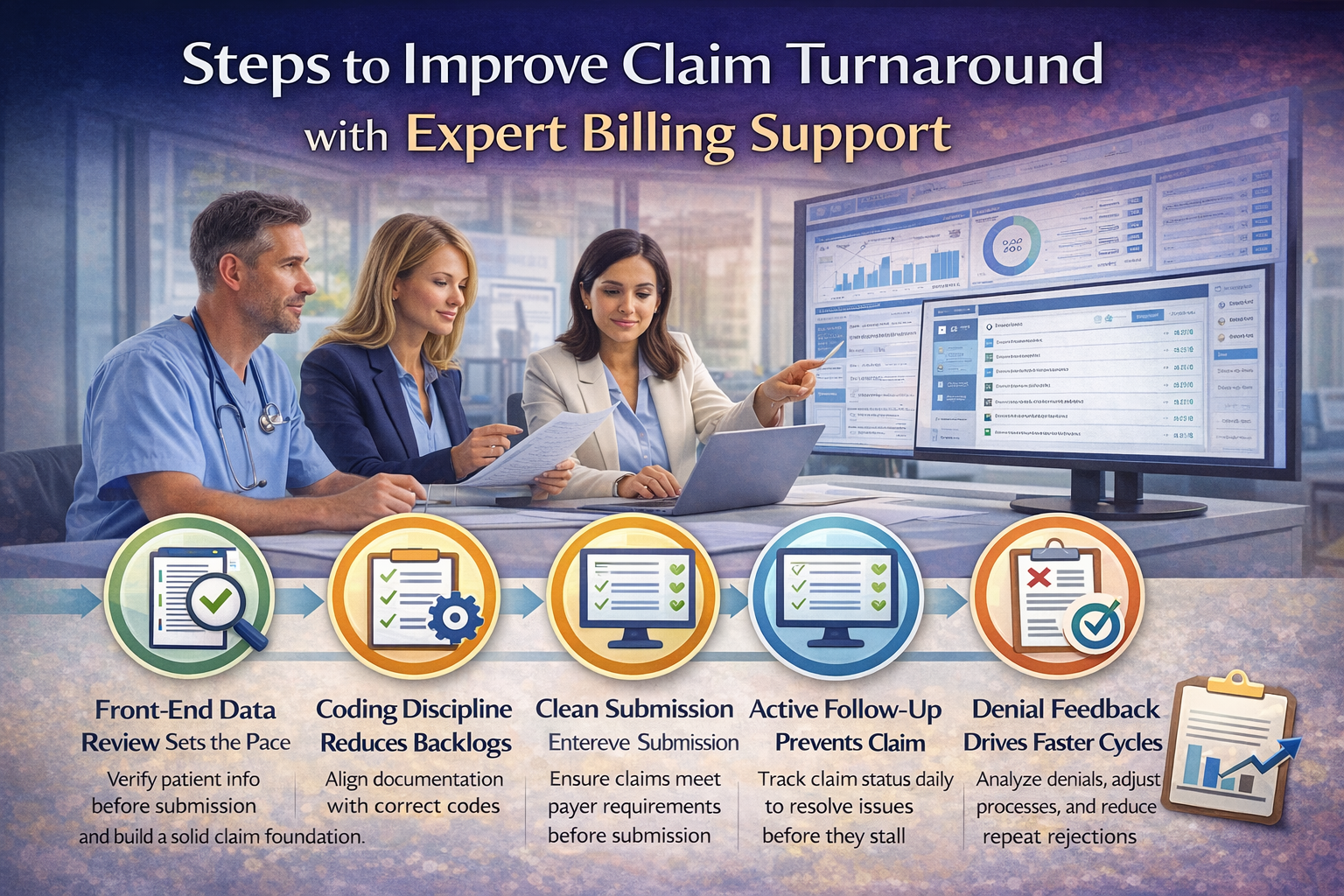 Landscape infographic showing medical billing workflow with front-end checks, coding, clean submissions, follow-up, denial feedback, and reporting