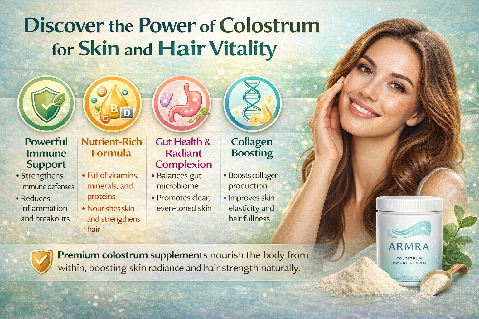 Landscape infographic showing benefits of colostrum for skin and hair, including immune support, nutrient-rich formula, gut health, collagen boosting, and anti-aging