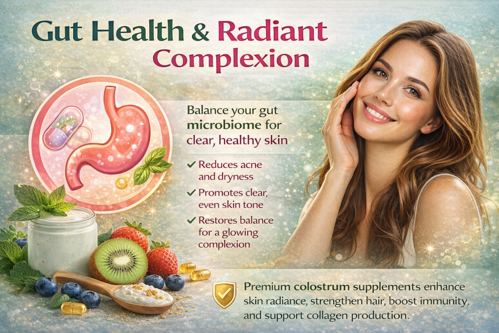 Discover The Power Of Colostrum For Skin And Hair Vitality 2 Landscape Infographic Showing How Gut Health Influences Skin Clarity And Glow, Featuring Microbiome Balance, Clear Complexion, And Colostrum Supplements.