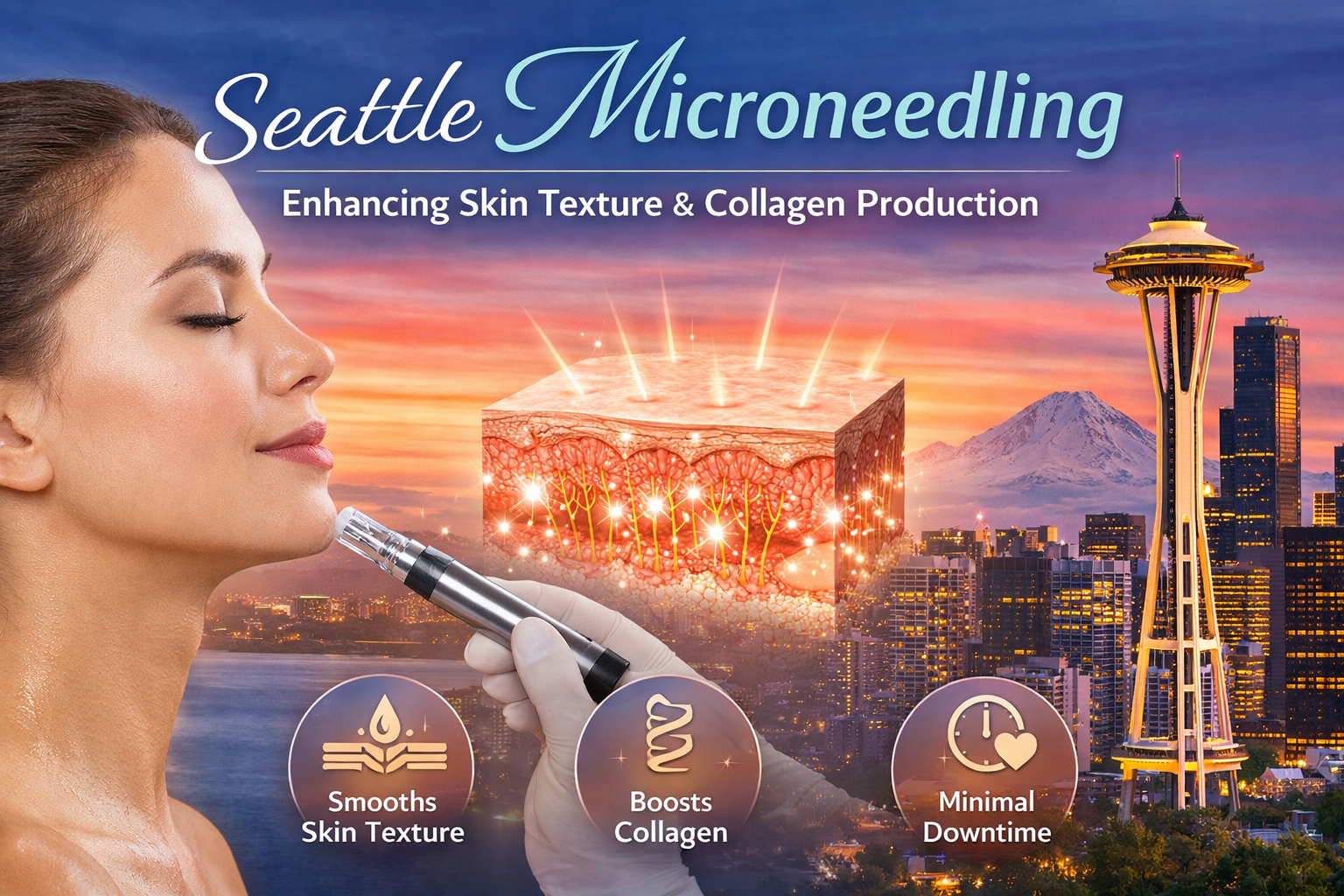 Woman receiving microneedling treatment with Seattle skyline, showing collagen stimulation and skin texture improvement