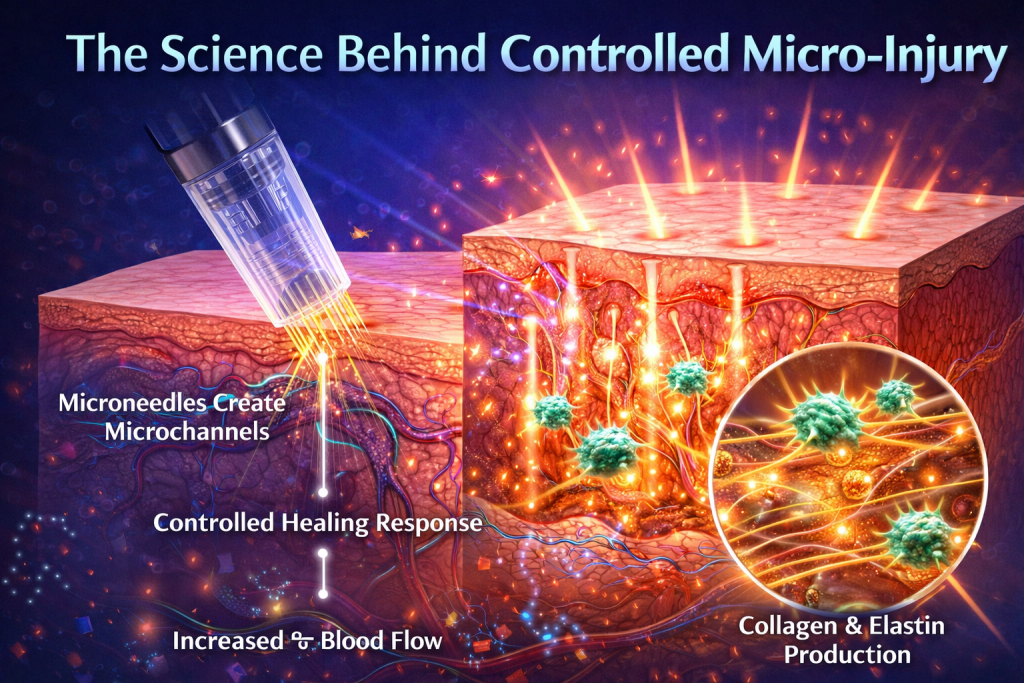 Seattle Microneedling: Enhancing Skin Texture And Collagen Production 2 Medical Illustration Showing Microneedling Creating Microchannels In Skin To Stimulate Collagen And Elastin Production