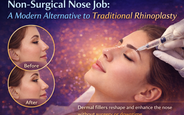 Patient Receiving Non-Surgical Nose Job With Dermal Fillers Showing Before And After Nose Reshaping Results