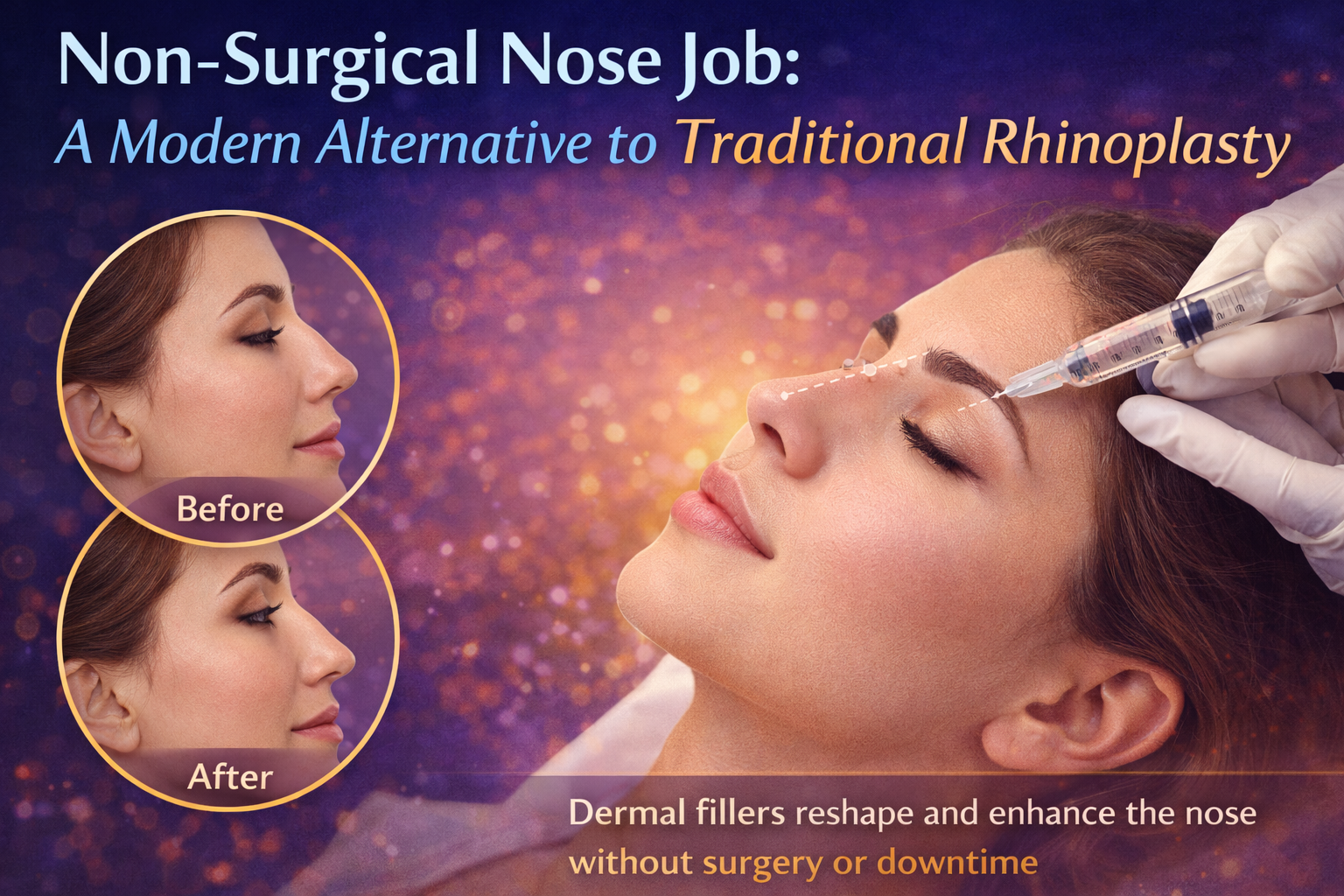 Patient receiving non-surgical nose job with dermal fillers showing before and after nose reshaping results