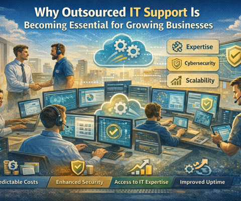Illustration Showing Outsourced It Support Teams Managing Systems, Cybersecurity, And Cloud Services For Growing Businesses