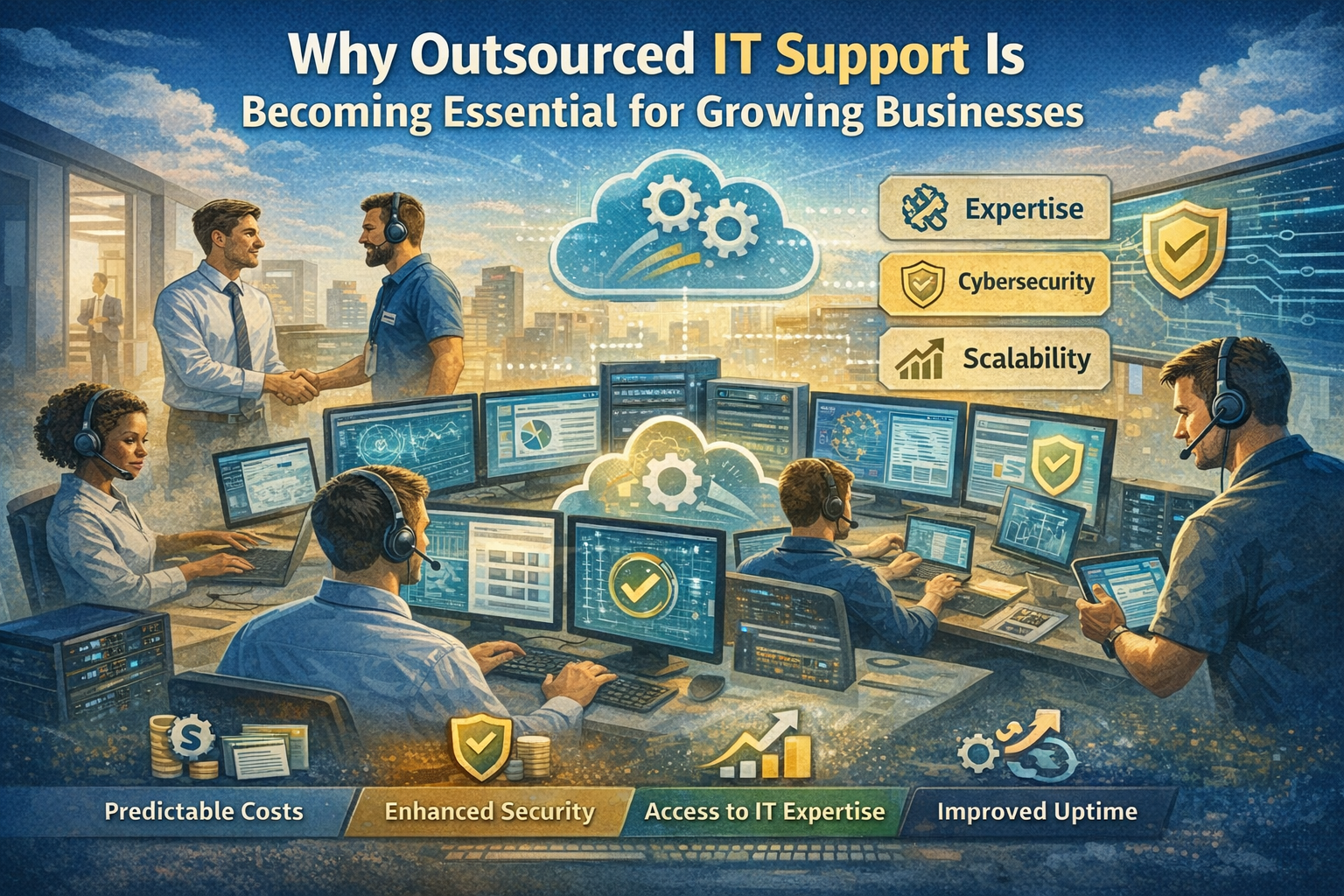 Illustration showing outsourced IT support teams managing systems, cybersecurity, and cloud services for growing businesses