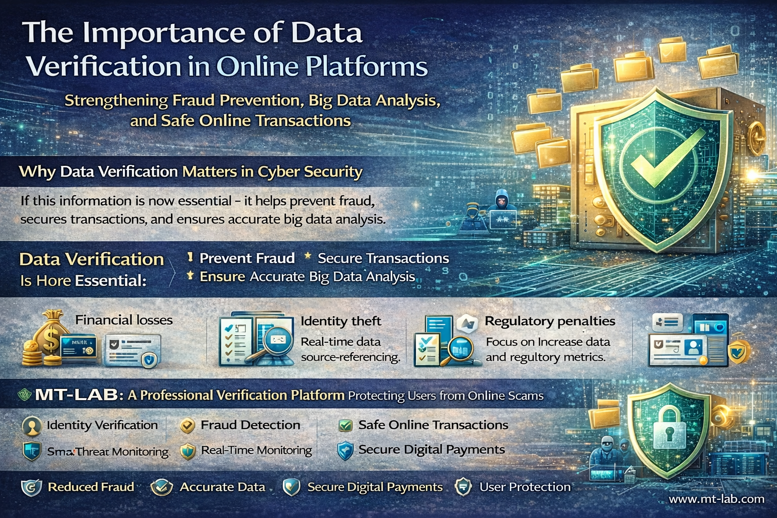 Cybersecurity infographic showing digital shield and data protection icons representing data verification, fraud prevention, big data analysis, and secure online transactions. Online Platforms