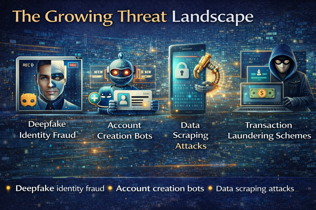 The Importance Of Data Verification In Online Platforms 3 Cybersecurity Infographic Showing Deepfake Identity Fraud, Account Creation Bots, Data Scraping Attacks, And Transaction Laundering Schemes In A Digital City Background.