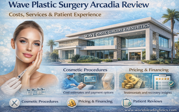 Promotional Landscape Image Of Wave Plastic Surgery Arcadia Clinic Featuring Cosmetic Procedures, Pricing Information, And Patient Review Highlights.