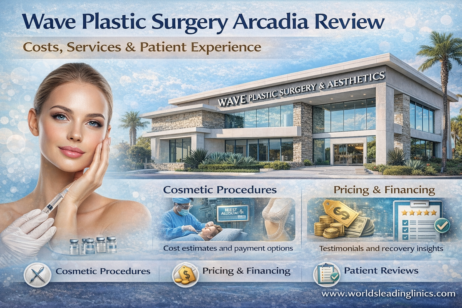 Promotional landscape image of Wave Plastic Surgery Arcadia clinic featuring cosmetic procedures, pricing information, and patient review highlights.