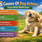Golden Labrador Scratching Ear Outdoors Infographic Showing 5 Common Causes Of Dog Itching Including Fleas, Allergies, Skin Infections, Dry Skin, And Hormonal Imbalances.