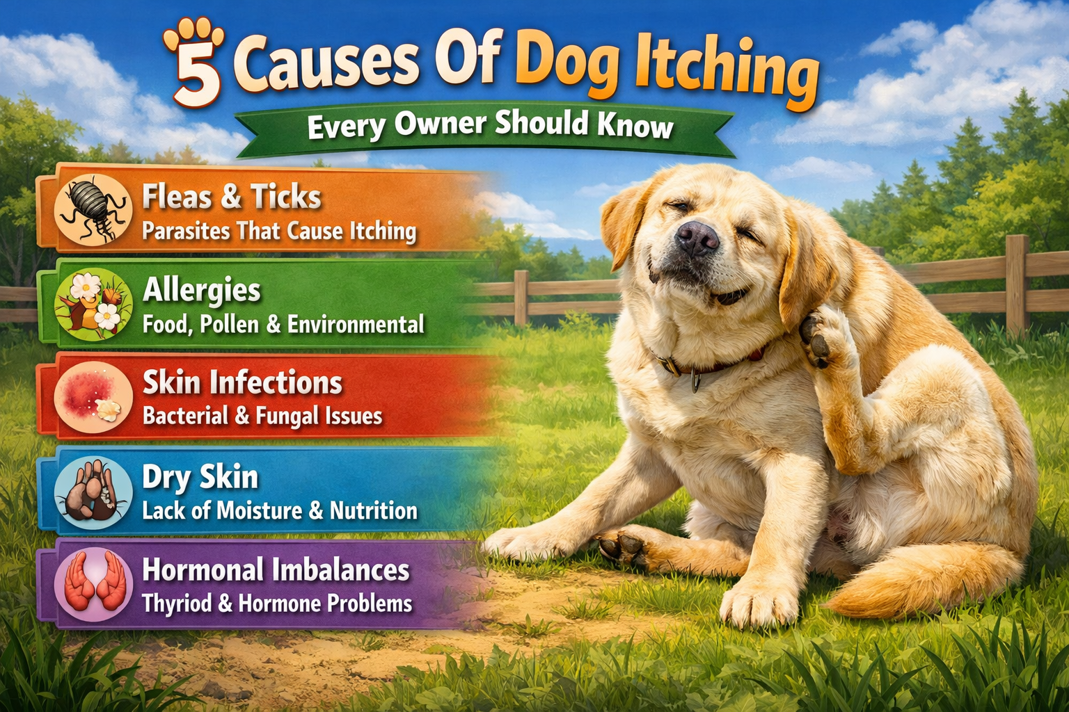Golden Labrador scratching ear outdoors infographic showing 5 common causes of dog itching including fleas, allergies, skin infections, dry skin, and hormonal imbalances.