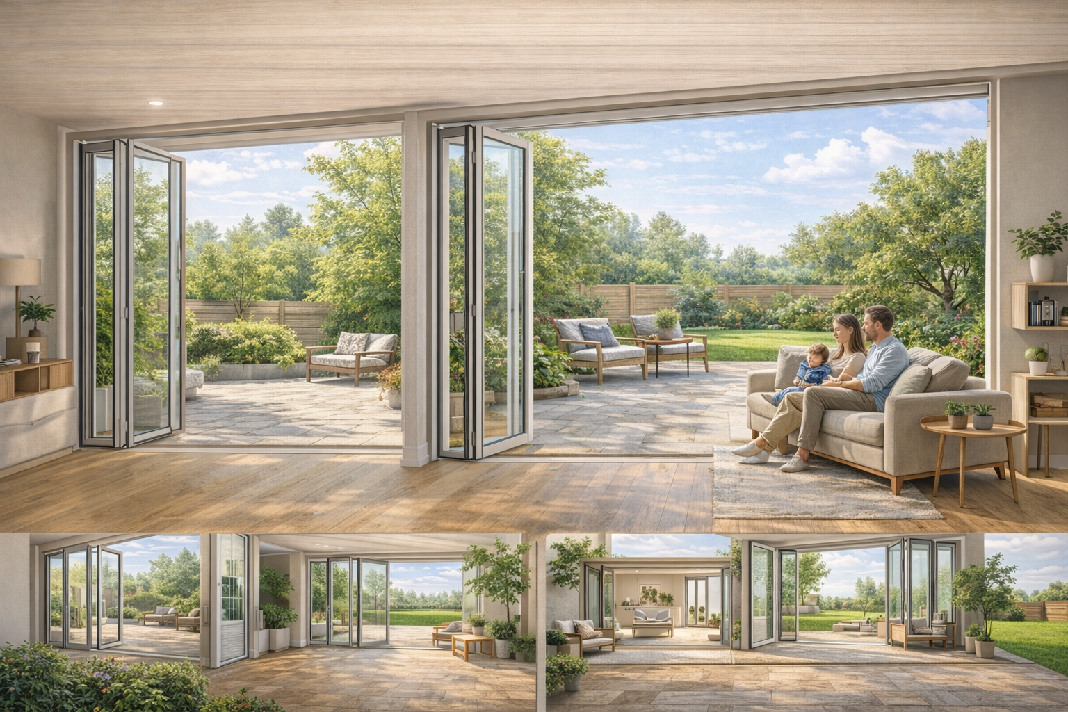 Modern small home living room with bi-fold doors fully open connecting indoor space to outdoor patio and garden.