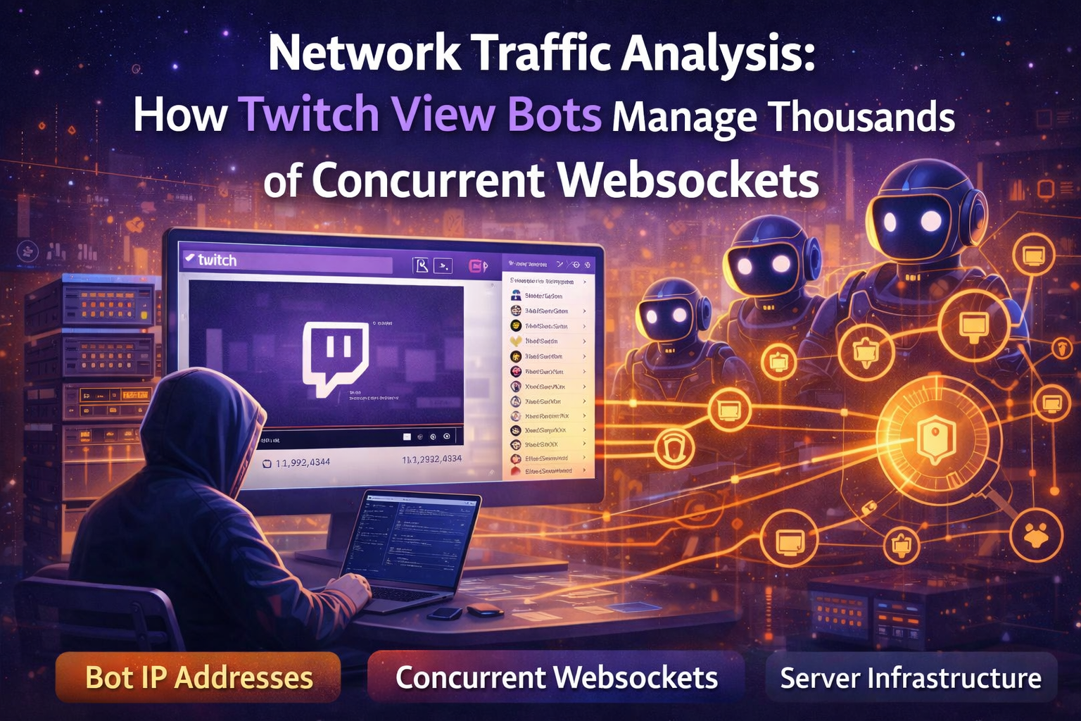 Illustration showing network traffic analysis of Twitch view bots managing thousands of concurrent WebSocket connections