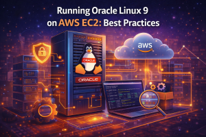Oracle Linux 9 server running on AWS EC2 cloud infrastructure with security, performance, and system optimization icons