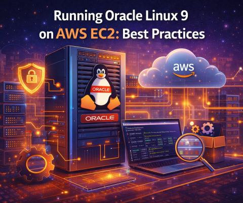 Oracle Linux 9 Server Running On Aws Ec2 Cloud Infrastructure With Security, Performance, And System Optimization Icons