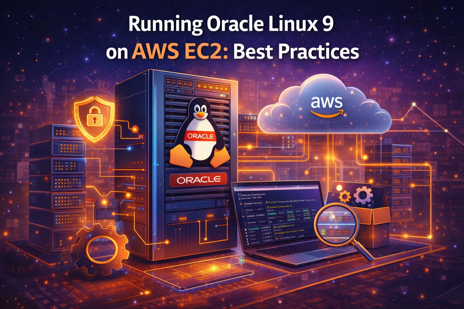 Oracle Linux 9 server running on AWS EC2 cloud infrastructure with security, performance, and system optimization icons
