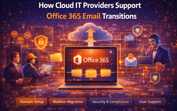 Illustration Of Cloud It Providers Managing Office 365 Email Migrations, Showing Secure Data Transfer, Domain Setup, And Seamless Communication Across Connected Devices.