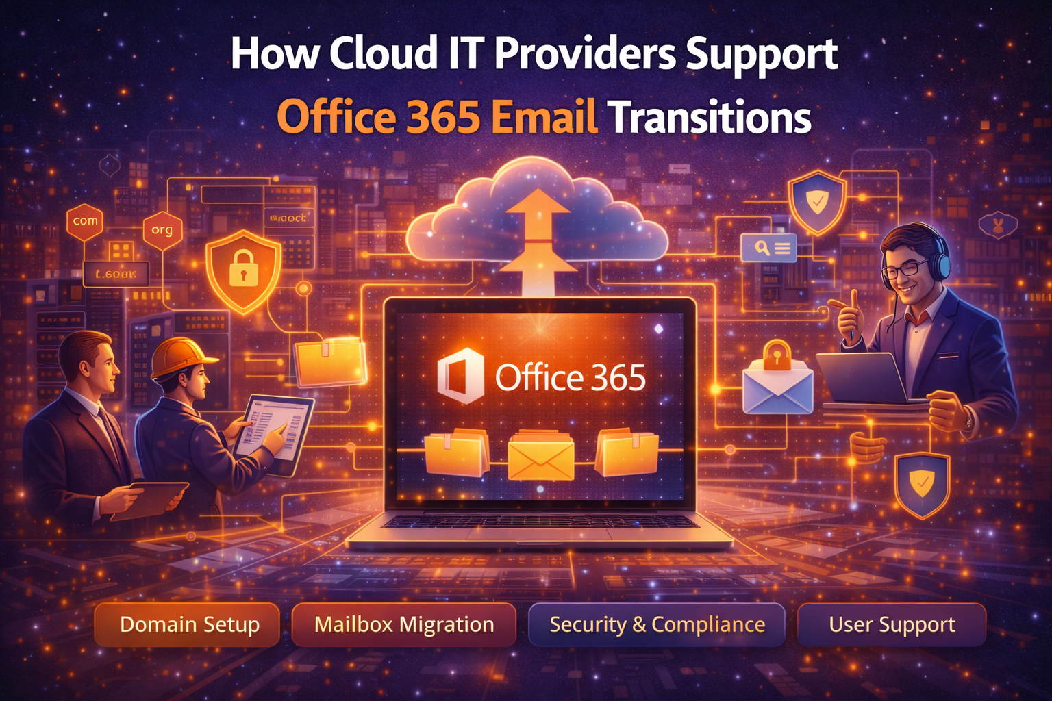 Illustration of cloud IT providers managing Office 365 email migrations, showing secure data transfer, domain setup, and seamless communication across connected devices.