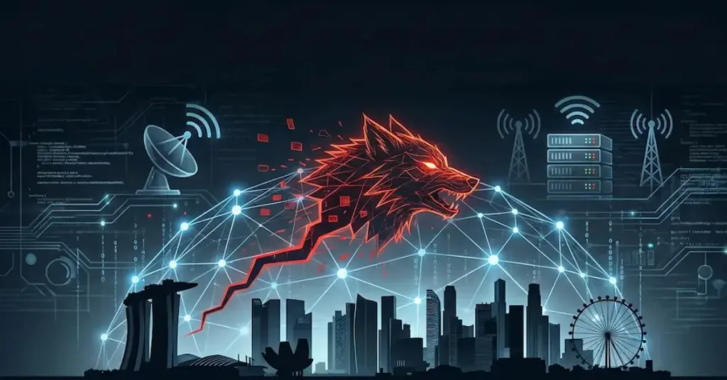 Digital Illustration Of A Cyber Attack On Singapore'S Telecommunications Infrastructure. A Dark City Skyline Is Overlaid With A Glowing Network Grid Being Breached By A Red Digital Intrusion Vector, Symbolizing The Unc3886 Espionage Campaign Against Major Telecom Operators.
