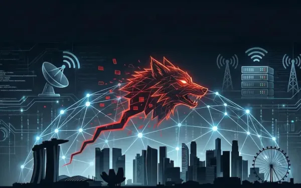 Digital Illustration Of A Cyber Attack On Singapore'S Telecommunications Infrastructure. A Dark City Skyline Is Overlaid With A Glowing Network Grid Being Breached By A Red Digital Intrusion Vector, Symbolizing The Unc3886 Espionage Campaign Against Major Telecom Operators.