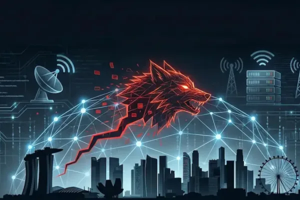 Digital Illustration Of A Cyber Attack On Singapore'S Telecommunications Infrastructure. A Dark City Skyline Is Overlaid With A Glowing Network Grid Being Breached By A Red Digital Intrusion Vector, Symbolizing The Unc3886 Espionage Campaign Against Major Telecom Operators.