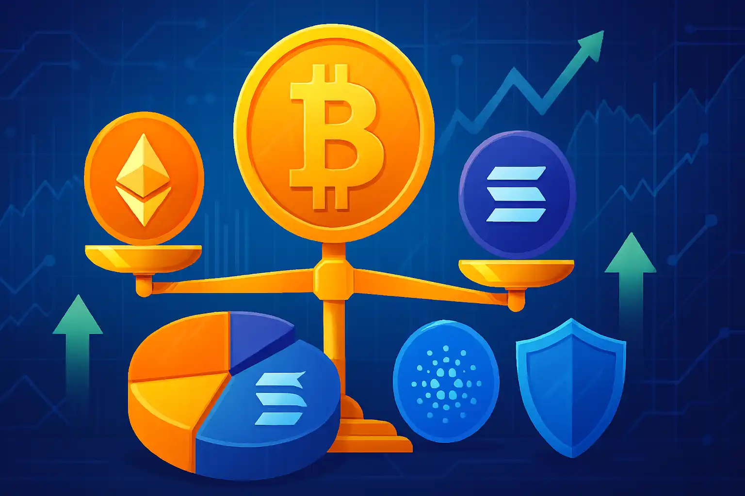 Illustration of Bitcoin as the core of a balanced crypto portfolio with diversified altcoins.