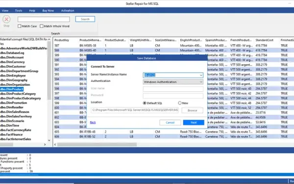 Screenshot Of Stellar Repair For Ms Sql Technician Interface Displaying Database Repair Preview And Data Tables.