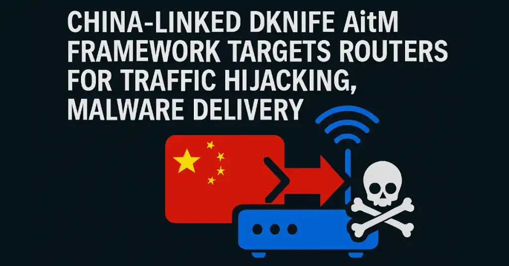 Illustration Of The Dknife Aitm Framework Hijacking Router Traffic, Showing Data Interception And Malware Delivery On A Network Diagram.