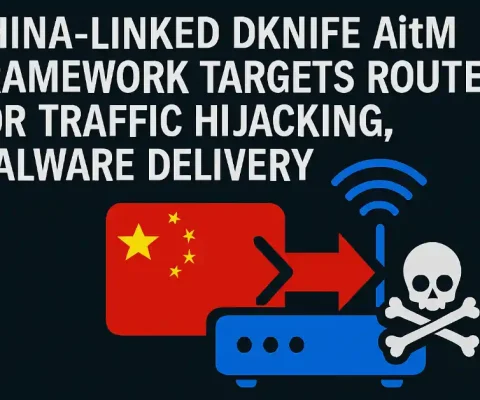 Illustration of the DKnife AitM framework hijacking router traffic, showing data interception and malware delivery on a network diagram.