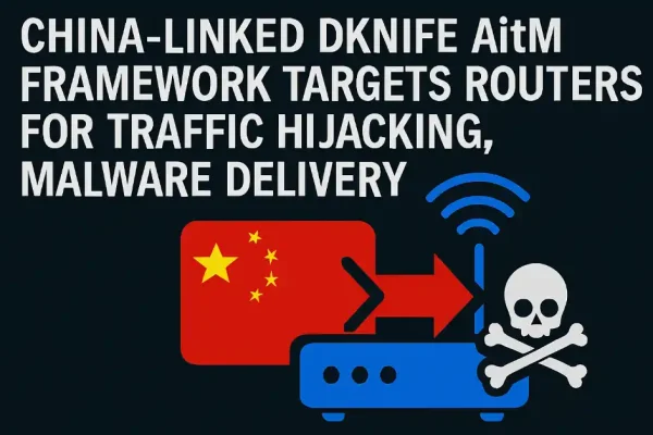 Illustration Of The Dknife Aitm Framework Hijacking Router Traffic, Showing Data Interception And Malware Delivery On A Network Diagram.