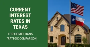 Explore Your Options for Denton Loans - The Ultimate Guide 3 Green panel with text on current interest rates in Texas for home loans strategic comparison next to a luxurious Texas home with American and Texas flags flying under a blue sky.