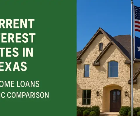Green Panel With Text On Current Interest Rates In Texas For Home Loans Strategic Comparison Next To A Luxurious Texas Home With American And Texas Flags Flying Under A Blue Sky.