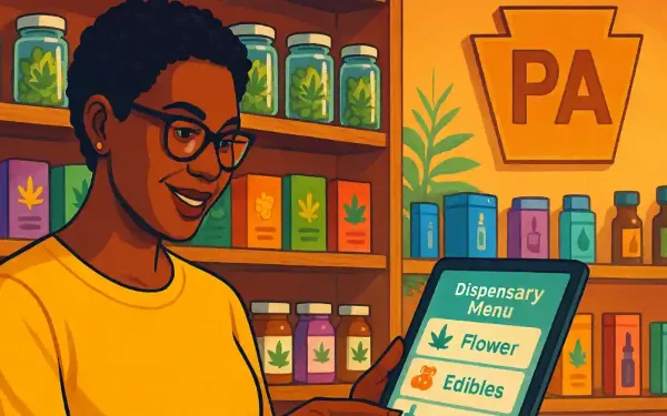 Confident Customer Navigating Dispensary Menu In Pennsylvania Cannabis Shop With Product Shelves In Background.