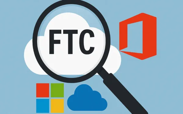 Ftc Magnifying Glass Over Microsoft Cloud And Office Icons Symbolizing Antitrust Probe Into Bundling And Licensing Practices