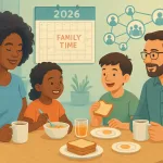 Diverse Family Enjoying A Balanced Morning Routine With Support Elements In A Harmonious Home Setting.