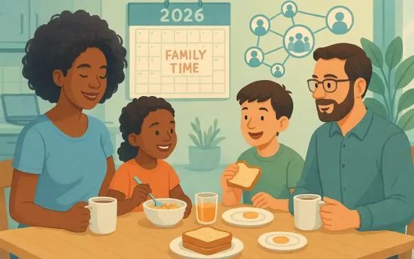 Diverse Family Enjoying A Balanced Morning Routine With Support Elements In A Harmonious Home Setting.