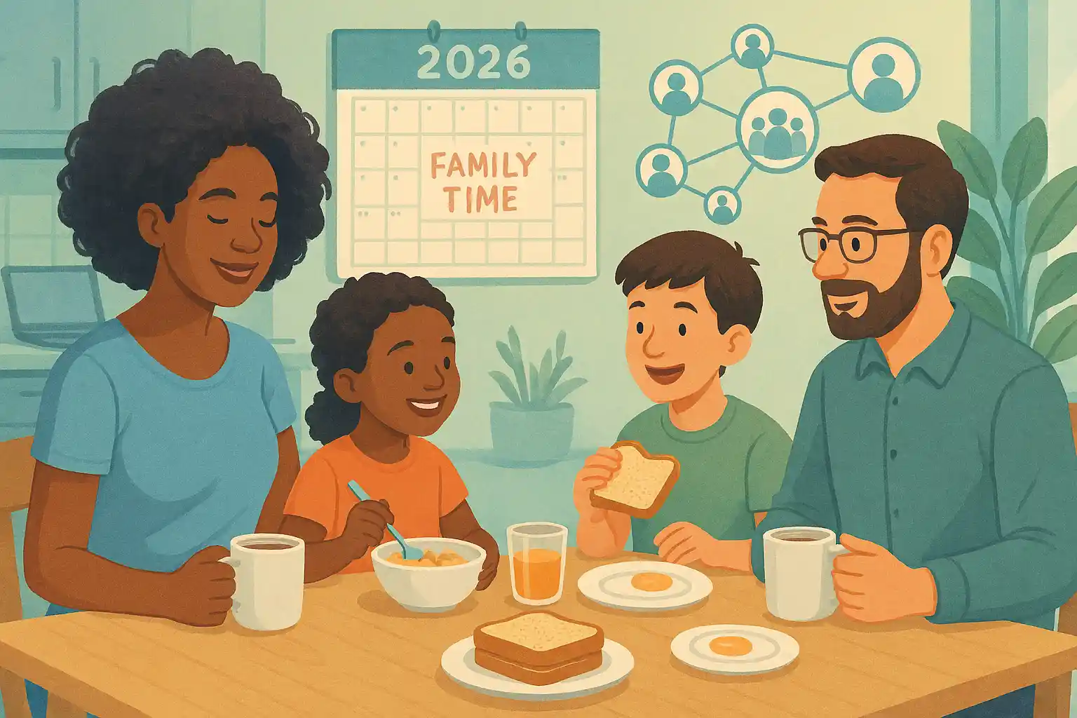 Diverse family enjoying a balanced morning routine with support elements in a harmonious home setting.