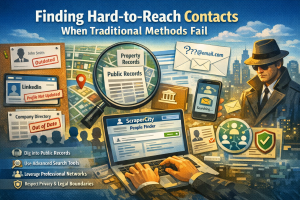 How to Find Hard-to-Reach Contacts When Standard Methods Fail 3 Illustration showing professionals using public records, digital tools, and online networks to find hard-to-reach business contacts when traditional methods fail