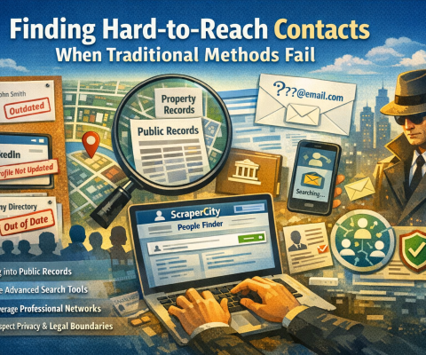 Illustration Showing Professionals Using Public Records, Digital Tools, And Online Networks To Find Hard-To-Reach Business Contacts When Traditional Methods Fail
