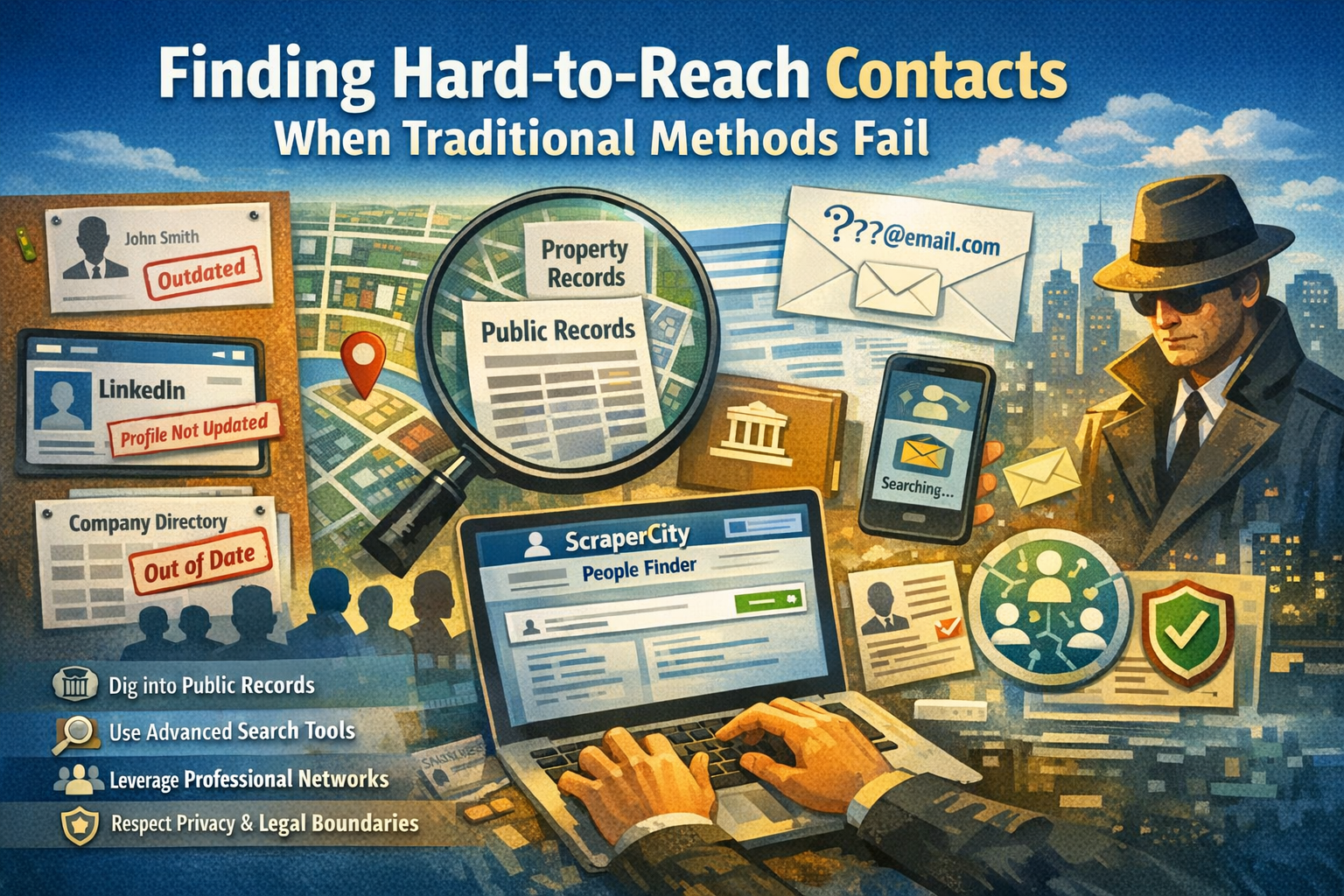 Illustration showing professionals using public records, digital tools, and online networks to find hard-to-reach business contacts when traditional methods fail