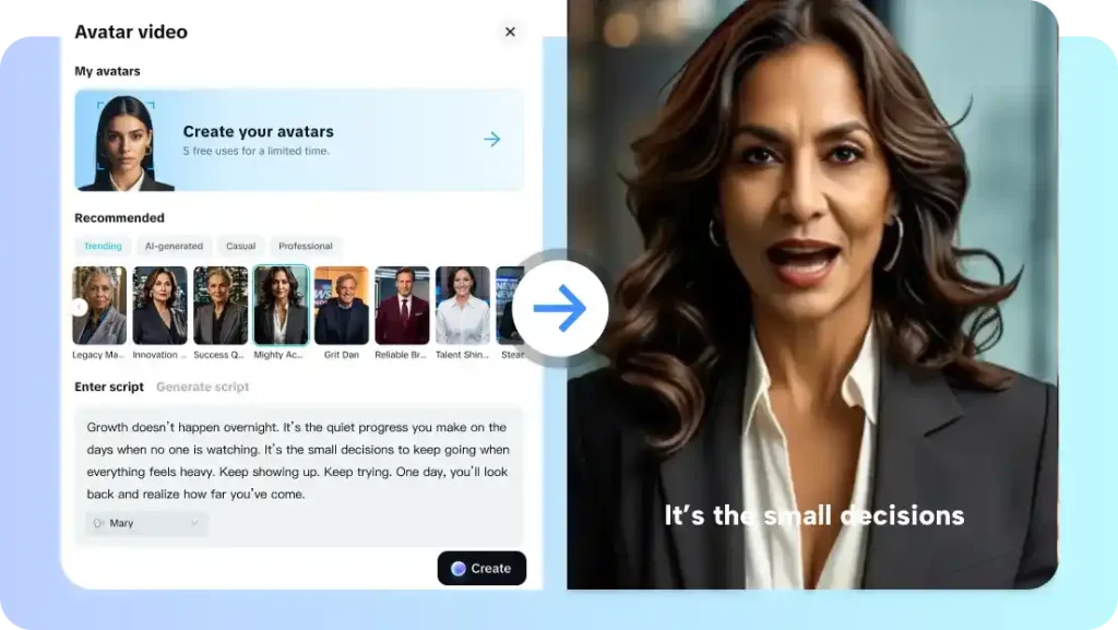 AI avatar video generator interface showing avatar creation options, recommended professional avatars, script entry for growth motivational quote, and preview of animated woman speaking on blue background.