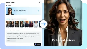 Free AI Video Generator Tools and Video Editor Free Platforms: A New Era of Content Creation in 2026 2 AI avatar video generator interface showing avatar creation options, recommended professional avatars, script entry for growth motivational quote, and preview of animated woman speaking on blue background.