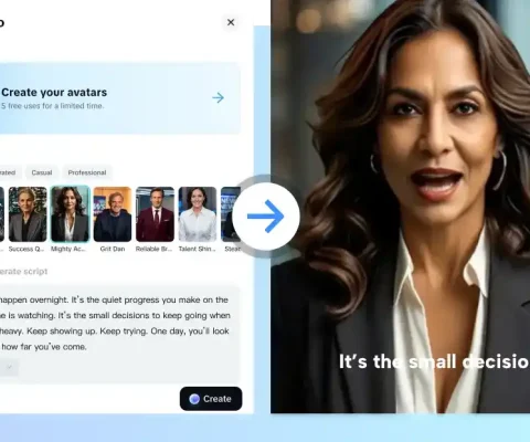 Ai Avatar Video Generator Interface Showing Avatar Creation Options, Recommended Professional Avatars, Script Entry For Growth Motivational Quote, And Preview Of Animated Woman Speaking On Blue Background.