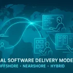 World Map Visualization Of Global Software Delivery Model Showing Offshore, Nearshore, And Hybrid Team Connections Across Continents