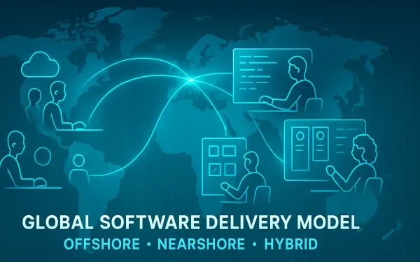 World Map Visualization Of Global Software Delivery Model Showing Offshore, Nearshore, And Hybrid Team Connections Across Continents