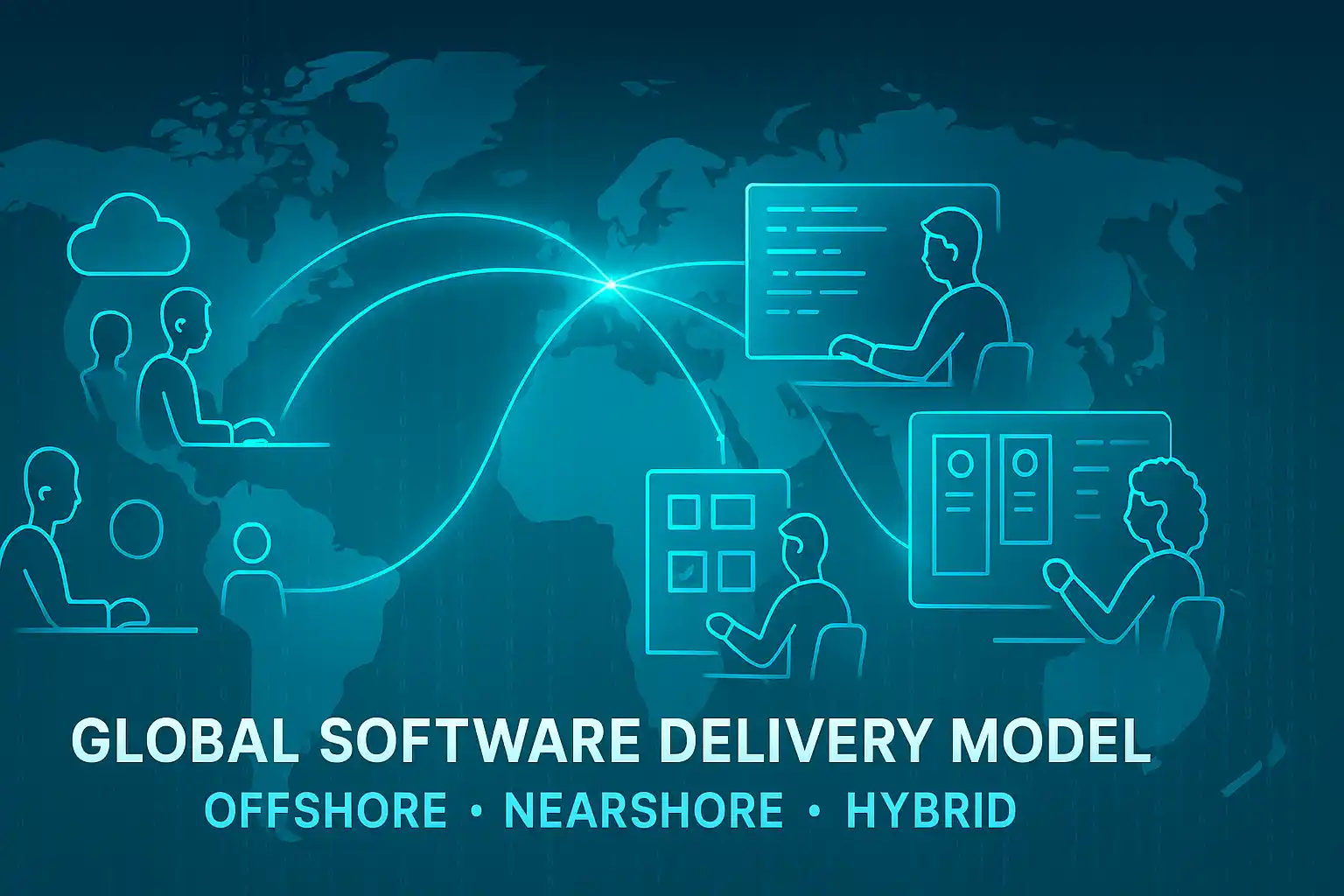 World map visualization of Global Software Delivery Model showing offshore, nearshore, and hybrid team connections across continents