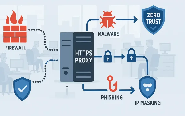 Illustration Of Https Proxies Strengthening Enterprise Network Security Through Encryption, Threat Filtering, And Ip Masking.
