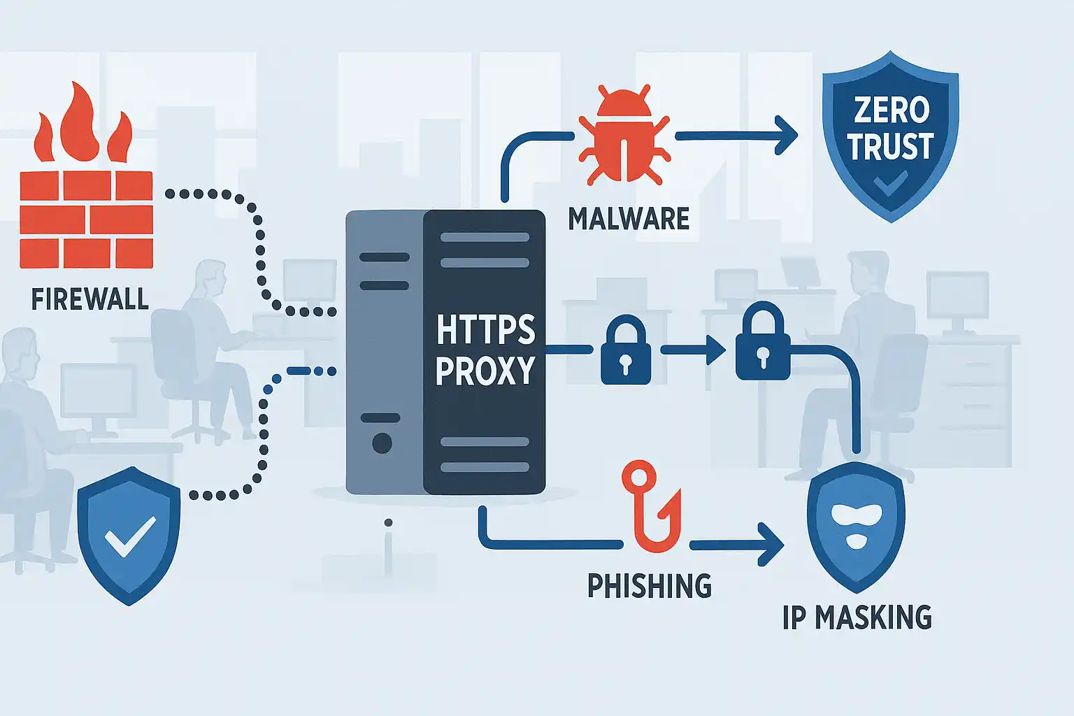 Illustration of HTTPS proxies strengthening enterprise network security through encryption, threat filtering, and IP masking.